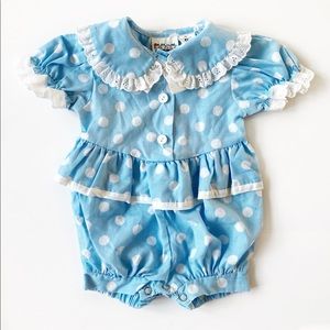Vintage 80s Girls’ Blue Polka Dot Romper One Piece Outfit Baby Shower Gift